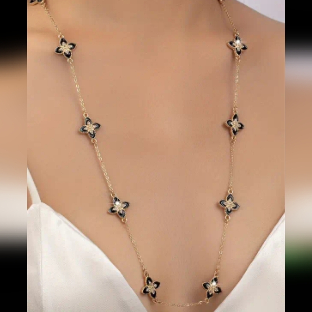 Black Rhinestone Silver Tone 26" + 3" Extension Necklace